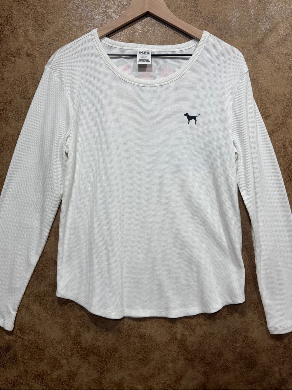 Victoria’s Secret PINK Waffle Knit Long Sleeve Top White Black Graphic Size L